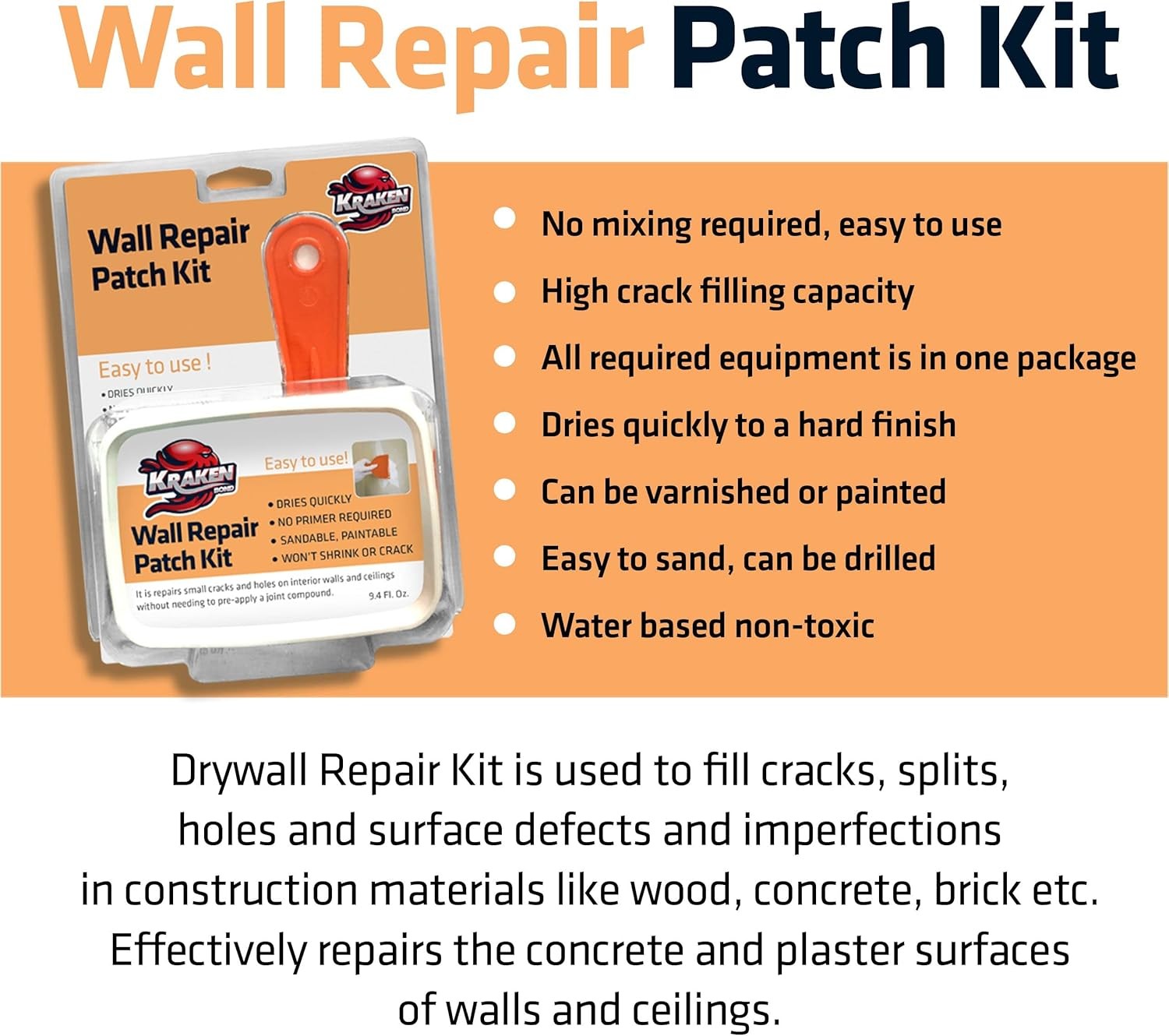 Kraken Bond Drywall Patch Repair Kit - (2x8 fl.oz.) 2 Pack, Clear/Transparent 