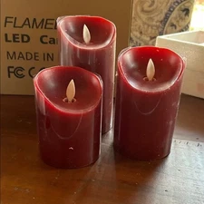 Flameless LED Battery Operated Burgundy Wax Candles, Set of 3