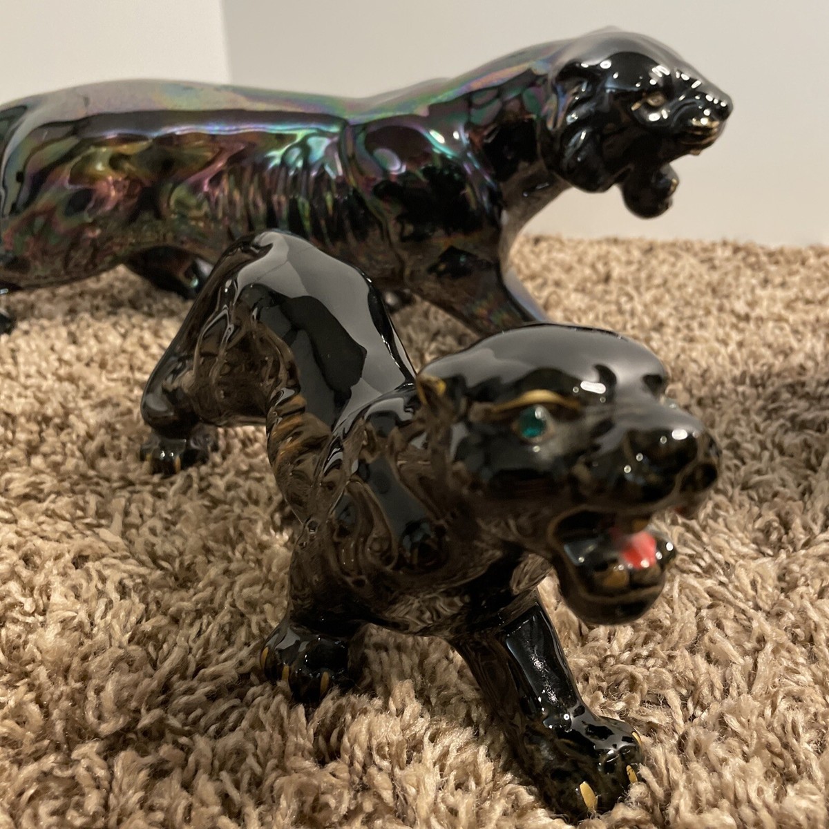Vintage Ceramic Black Panther Ceramic Figurine Set Mid Century