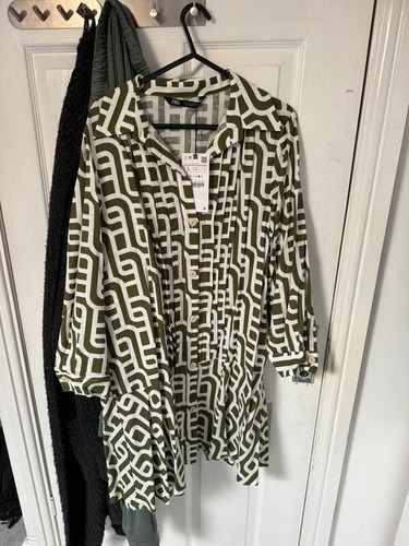New Zara Linen Mix Geometric Shirt Dress Green White 3/4 Sleeves Size M Y517 - Picture 4 of 17