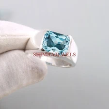 Natural Blue Topaz Gemstone With 14K White Gold Plated Silver Men's Ring #1452