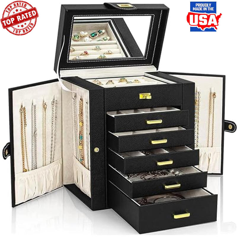 Jewelry Box Organizer Durable Leather 6 Layers Pull Out Drawer Storage W/ Mirror-image