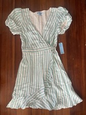 DRAPER JAMES RSVP Puff Sleeve Blue White Striped Wrap Dress MEDIUM NWT