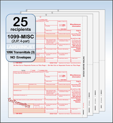 2021 IRS Tax Form 1099-MISC Laser 25 recipients+(3)1096 #MISCS405 4-pt NO Env