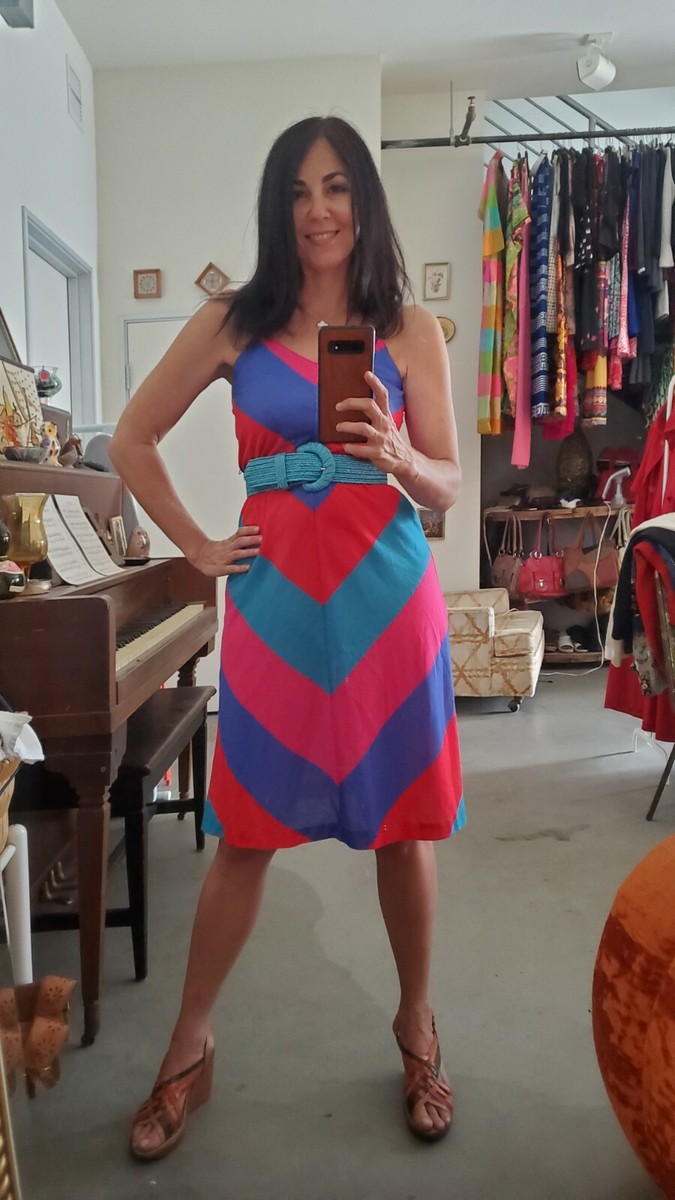 Vintage 70s 80s BETSY'S THINGS Chevron Sun Dress Summer Spaghetti