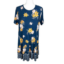 Loft Dress Women Medium Blue Yellow Floral Short Sleeve A-Line Knee Length