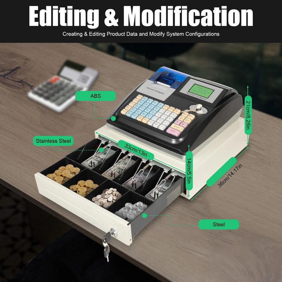 Caixa registradora terminal POS quadrada completa com impressora e gaveta de dinheiro 48 chaves - Imagem 3 de 4