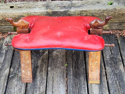 Carved Wood Camel Seat Stool Ottoman Footrest Saddle Bench Vintage Rough Damaged