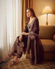 Exclusive Brown Chinnon Silk Salwar Kameez And Dupatta For Women Party Wear