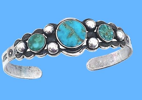 Vintage Fred Harvey Era 3 Stone Royston Turquoise Sterling Silver Cuff Bracelet - Picture 8 of 8