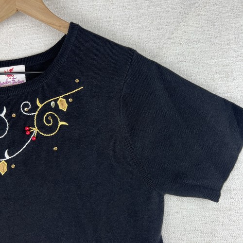 Vintage Quacker Factory Sweater Short Sleeve Leaf Vine Black Small Ramie Cotton - Picture 3 of 9