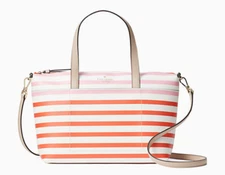 Kate Spade Patrice Tropical Stripe Satchel Pink Peach Coral White Leather  NWT