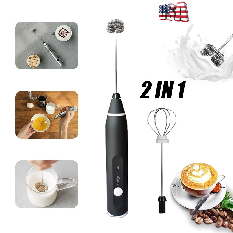 Electric Milk Frother Handheld Double Whisk Foam Coffee Maker USB Rechargeable.