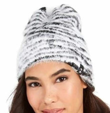 DKNY Fuzzy Animal Print Knit Beanie, White / Black New with Tags 77