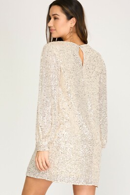 Women's Long Sleeve Sequin Shift Dress with Lining She + Sky Sizes S,M,L  New | eBay