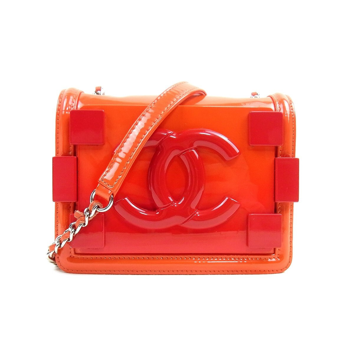 CHANEL Lego Boy Women's Chain Shoulder Mini Bag Orange Red Patent