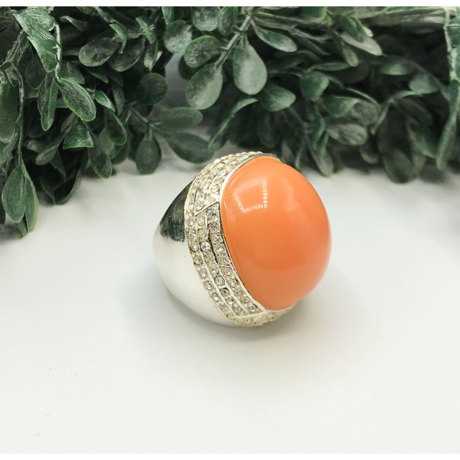 Statement ring silver tone with orange gem and cl… - image 4