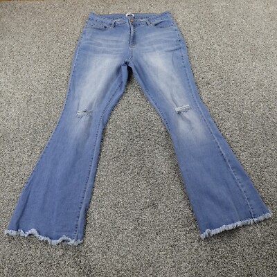 YMI Jeans Womens 18 Dark Blue Denim Pants High Rise Flare Bell Stretch 70s Fray
