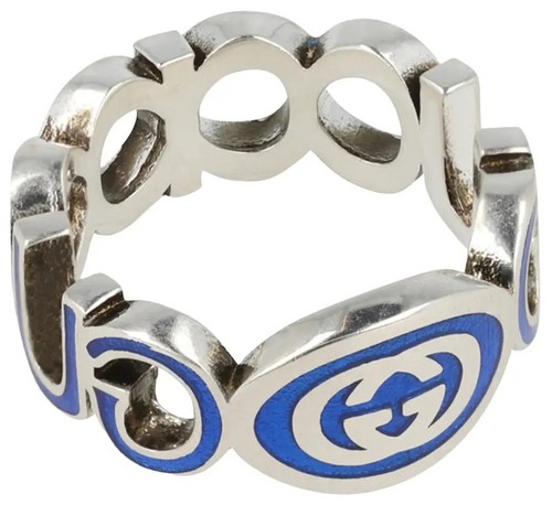 Authentic Gucci Sterling Silver Interlocking G Blue Enamel Chain Ring New $360