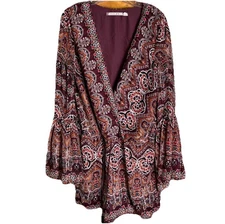 Chelsea & Violet Romper Women's Size L Wine & Roses Long Bell Sleeve V-Neck Boho