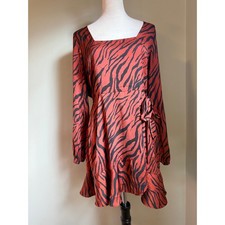EXPRESS brown Red Black Tiger Print Y2K boho Long Sleeve Wrap Mini Dress M