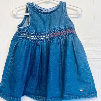 Tommy Hilfiger Denim Dress Baby Girls 6-12M Blue Smocked Embroidered Vintage