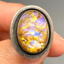 Vintage Modernist Iridescent Glass Sterling Silver Statement Ring Size 6.25