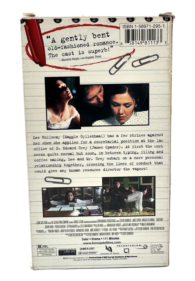 Secretary VHS Tape Movie Film (James Spader, Maggie Gyllenhaal) 2002 - Tested - Image 2 of 4