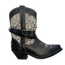 Western-Inspired Black and Cream Ankle Bootie with Buckle Strap Size 7