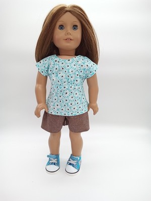 3pc Blue Daisy Top Shorts & Shoes Outfit fits American Girl 18'' Doll Clothes