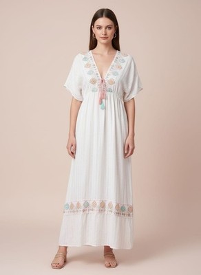 White Cotton Maxi Kaftan Dress - Embroidered V-Neck Resort Wear Gown