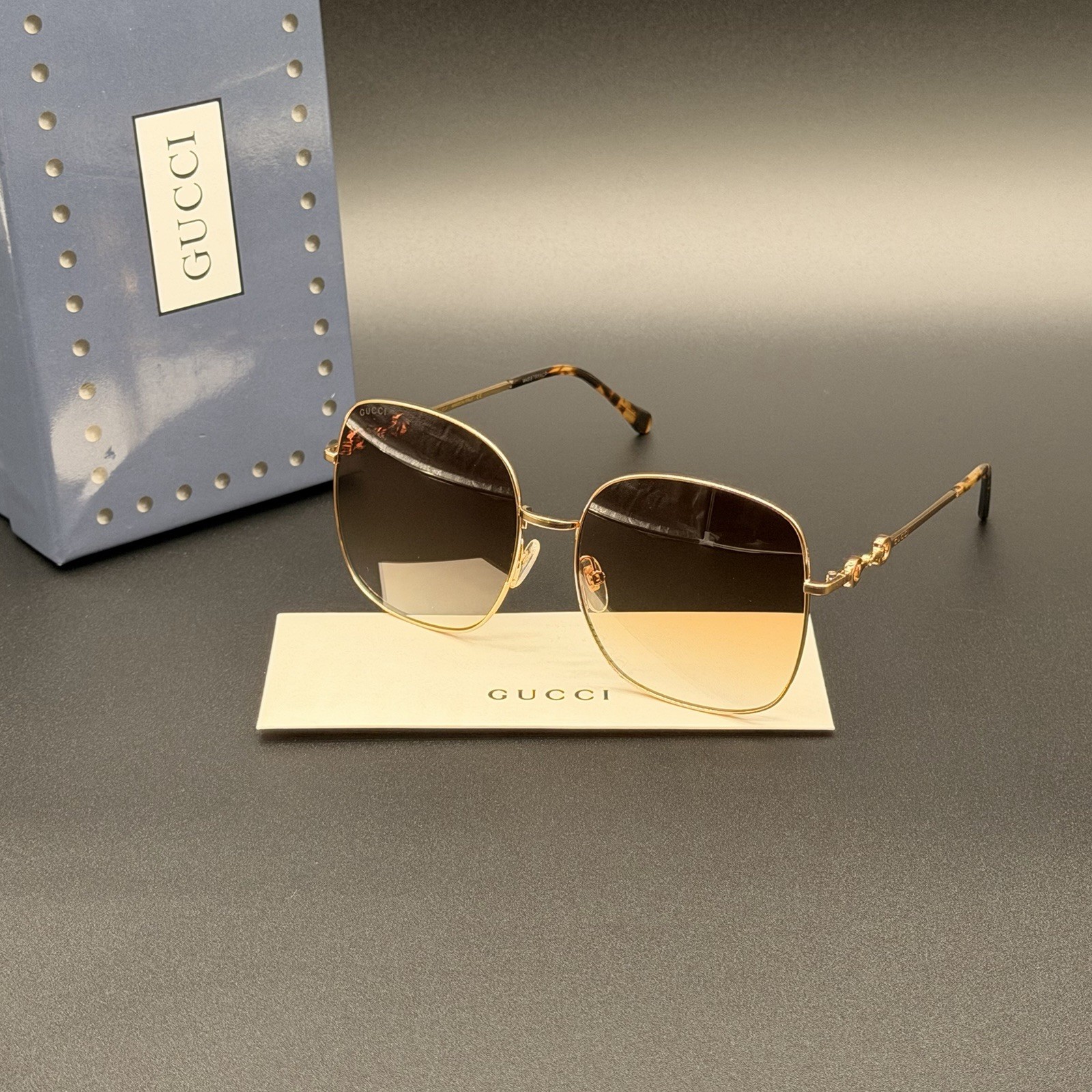 Gucci GG0879S 002 Gold Oversized Square Sunglasses Brown Lens Ships Today