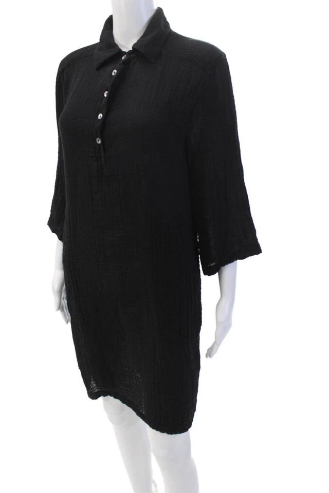 Michael Stars Womens Cotton 3/4 Sleeve Button Up Shirt Dress Black Size XS - Image 2 of 4