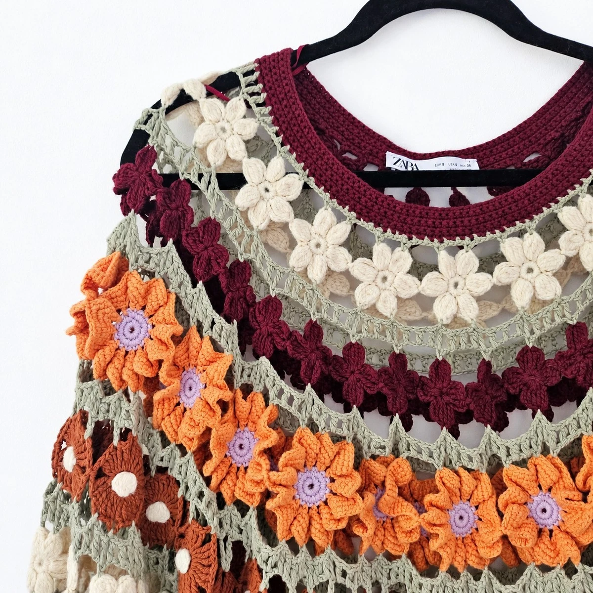 ZARA rare cotton blend Flower Crochet knit oversize jumper Boho Cottagecore UK S