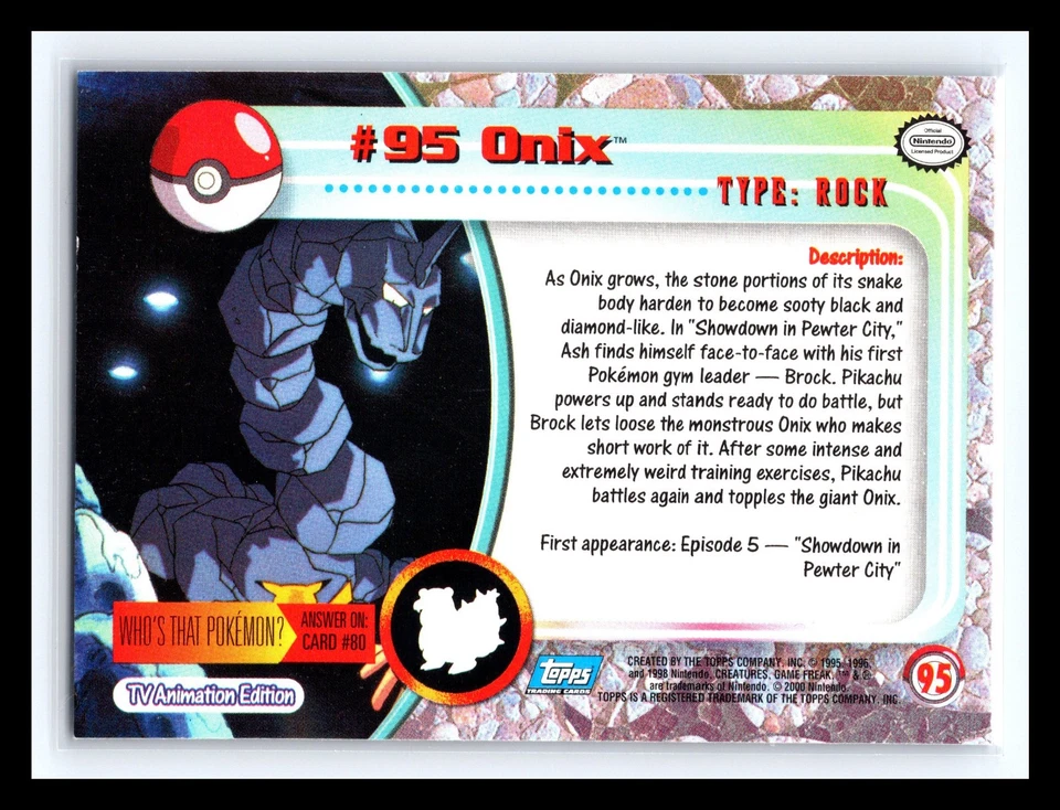 💥 Onix 1999 Topps Pokemon TV Non Holo Animation Series Blue Logo # 95 - Image 2 of 2