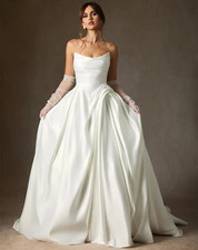 Strapless Wedding Dresses Detachable Sleeves Zip Back Bridal Gowns Satin A-Line