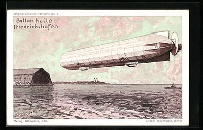 Künstler-AK Friedrichshafen, Ballonhalle und Luftschiff Zeppelin, Reklame für G 
