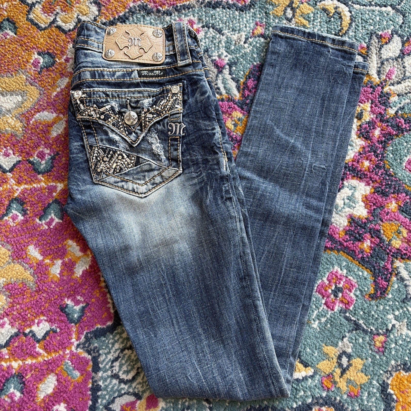 WOMENS Destroyed Miss Me Crystals Faux Flaps Signature Skinny Jeans 26x34 (25)