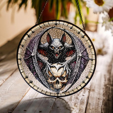 Gothic Bat Skull Stained Glass Suncatcher Halloween Spooky Window Decor