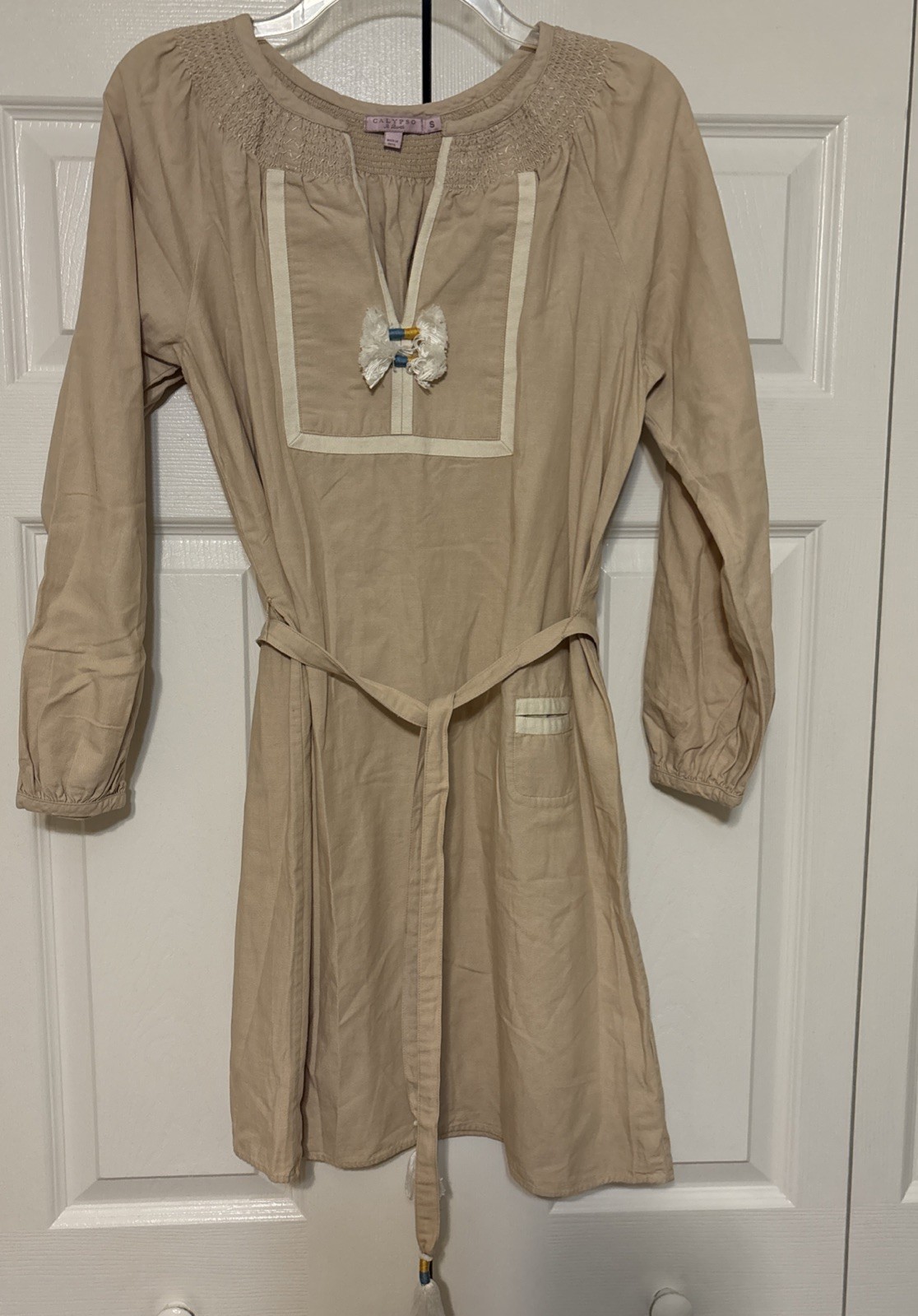 CALYPSO St. Barth Beige Cotton Dress Size Small S Long Sleeves Belted V-neck