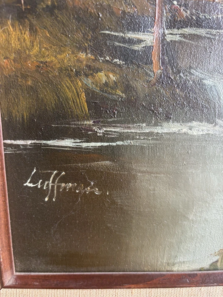 Pintura al óleo firmada de colección por Luffmann - Paisaje de montaña alpino con cabina Foto 3 de 4