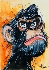 ACEO Serious Monkey Portrait Whimsical Animal Expression Acrylic Painting Art