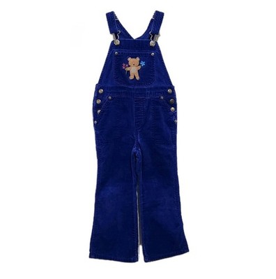 Vtg Arizona Girls 4 Velour Overalls Teddy Bear Applique Bootcut Violet-Blue