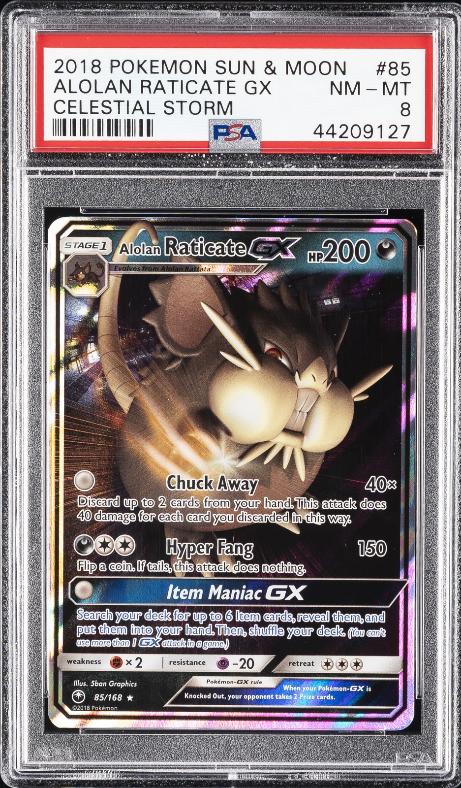 2018 POKEMON SUN & MOON CELESTIAL STORM #85 ALOLAN RATICATE GX PSA 8