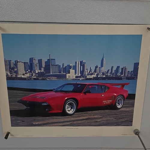 De Tomaso Pantera GTS Poster Print 1970 Red Sports Car City Skyline Background