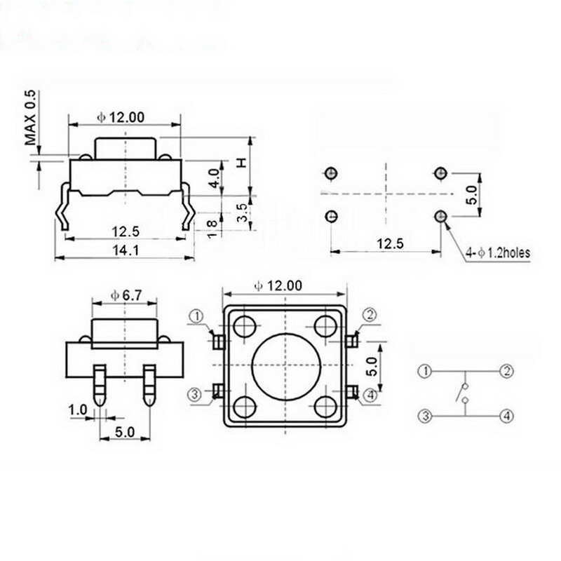 20 Pz/lotto 4 Pin 12x12mm Interruttore Di Pulsante Tattile Micro - Foto 2