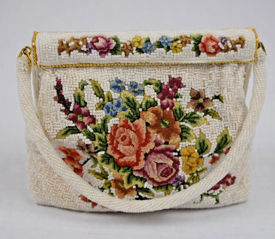 Cartera Walborg Vintage Cuentas Años 70 Perla Cuentas Colorido Floral Bordado 7"X7" Foto 3 de 4