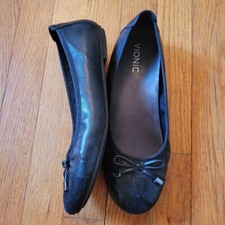 Vionic MINNA Black Leather Ballet Flats 8M Bow Comfort
