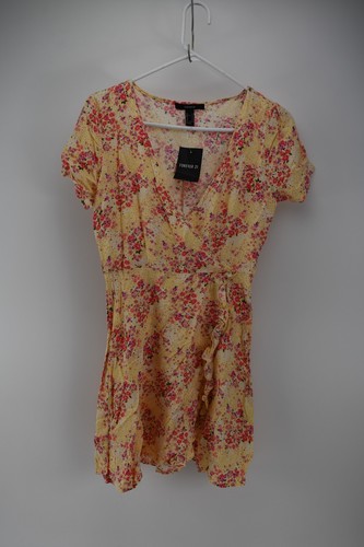 Forever 21 Womens Yellow Red Floral Print Short Sleeve V-Neck Dress Size XS