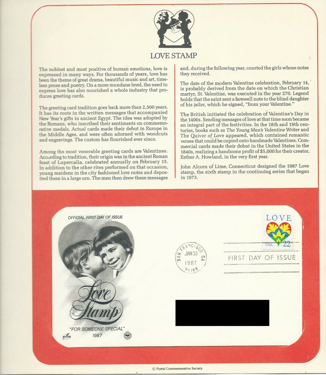 1987 US First Day Cover 22¢ Love Stamp, January 30, 1987, PCS B | eBay